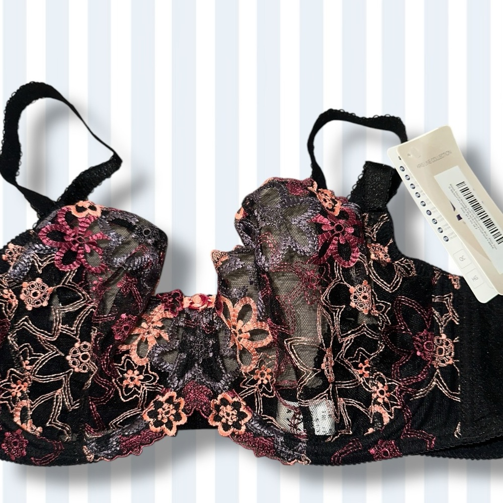 NWT SZ 38F / 85E EU UW Kris Line BEAUTY FLOWER Bra Black and Pink Lace